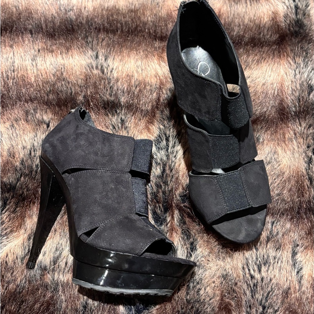 Vintage 2010 Jessica Simpson Black Suede zip up Platform Peep-Toe Heels - Women
